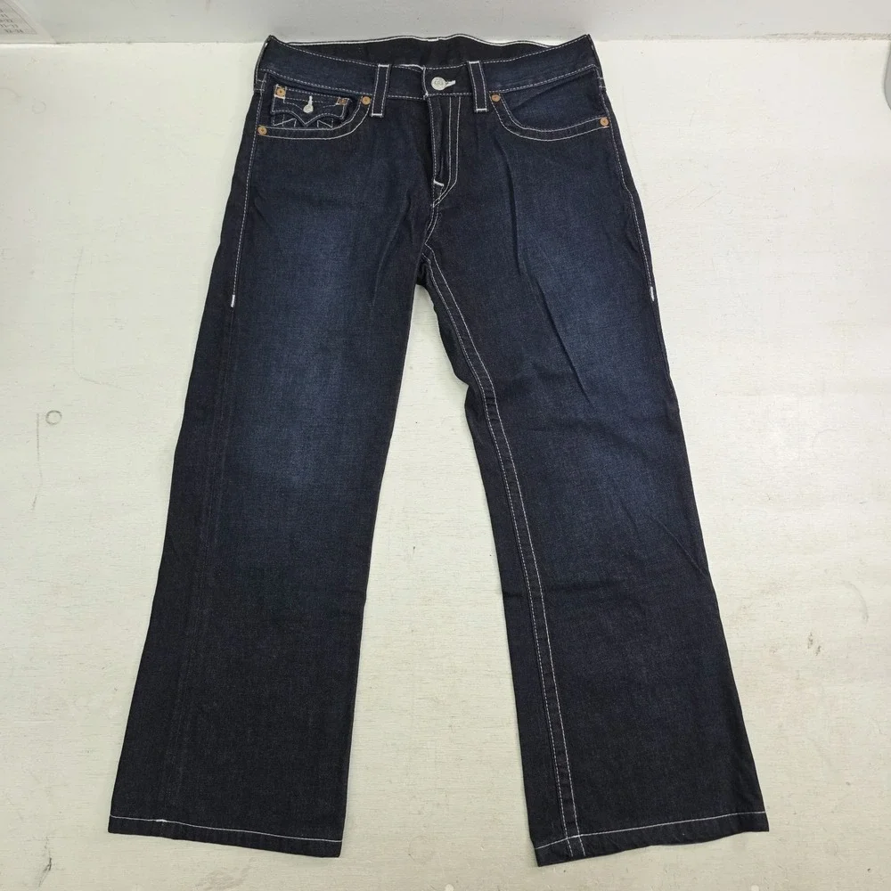 True Religion Jeans Men's 34x28 World Tour Boot Cut Dark Wash Thick Stitch EUC